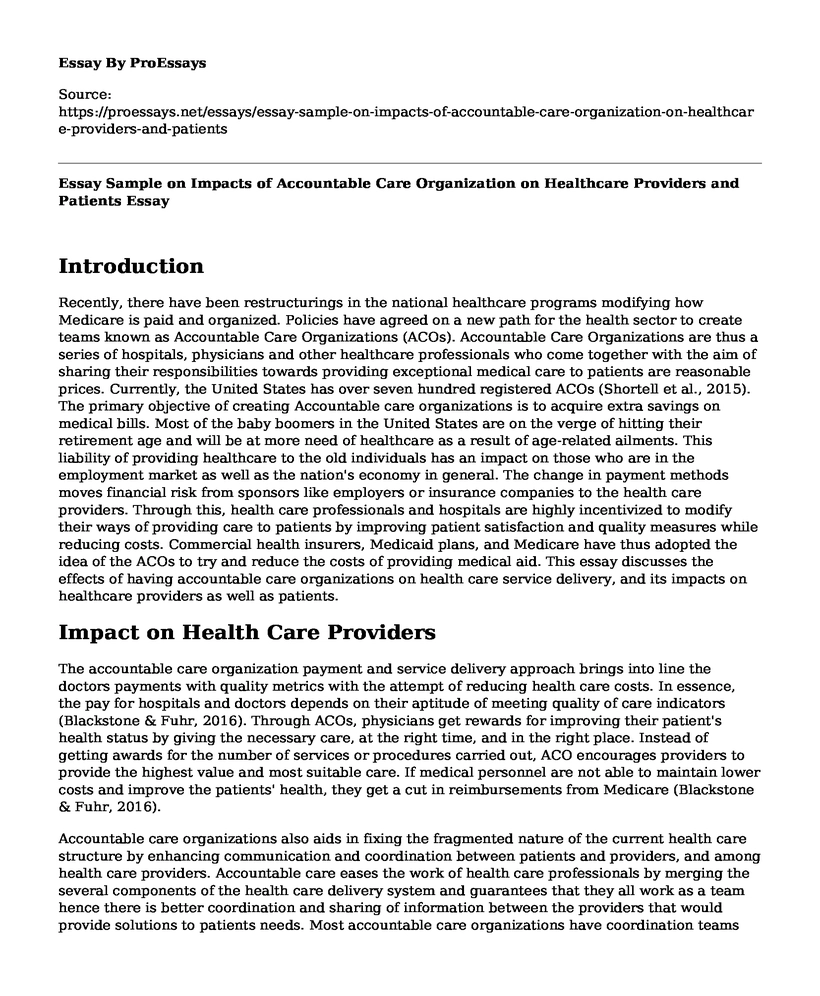 Essay Sample on Impacts of Accountable Care Organization on Healthcare Providers and Patients