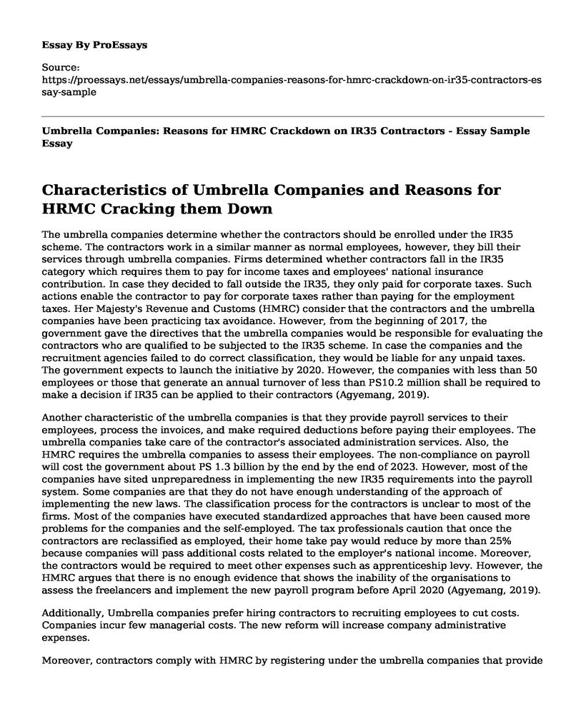 Umbrella Companies: Reasons for HMRC Crackdown on IR35 Contractors - Essay Sample