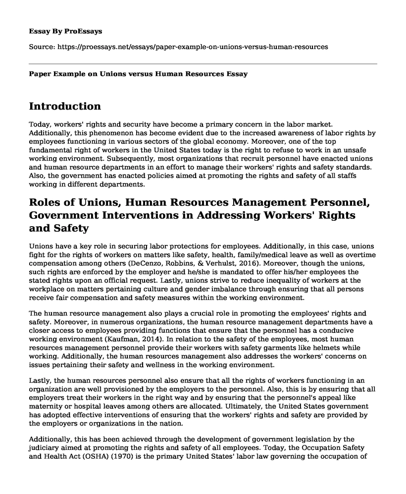 Paper Example on Unions versus Human Resources