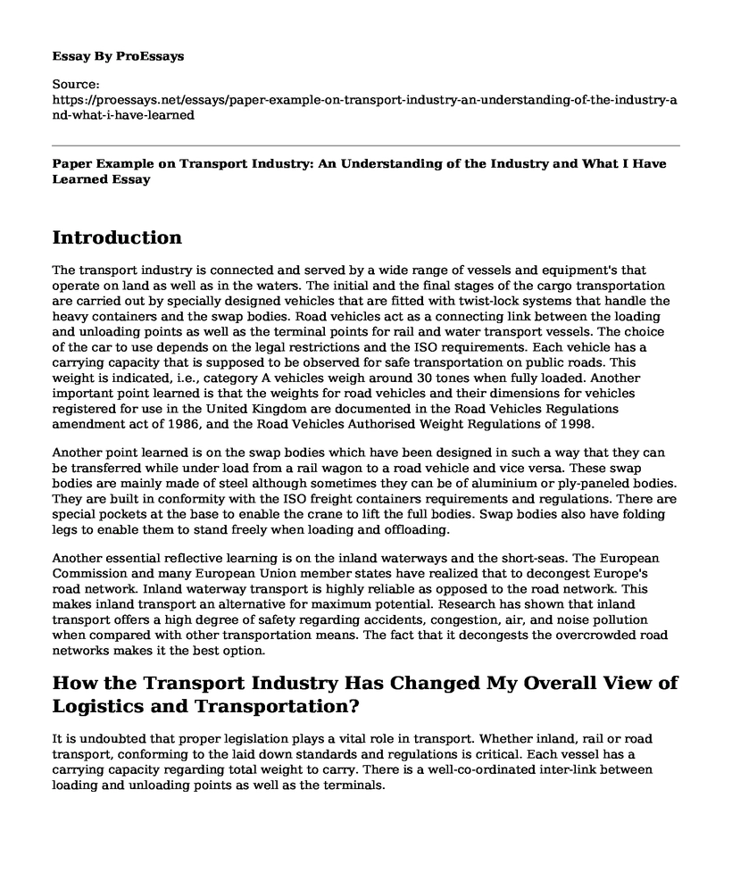 Paper Example on Transport Industry: An Understanding of the Industry and What I Have Learned