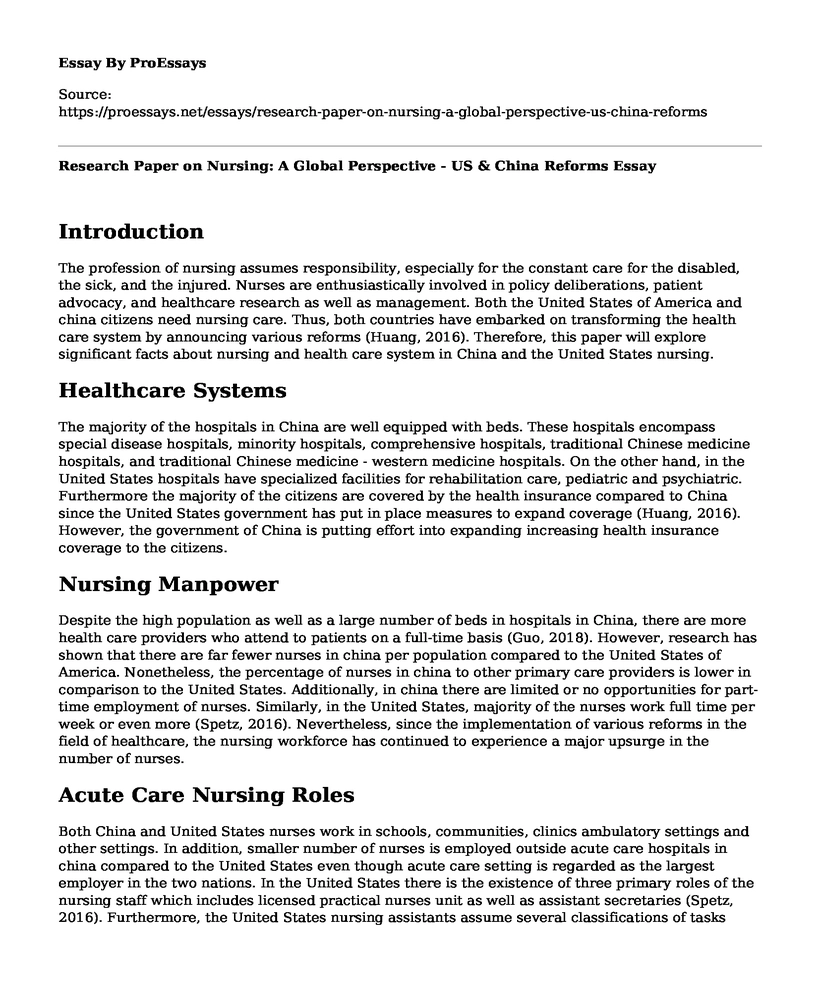 Research Paper on Nursing: A Global Perspective - US & China Reforms