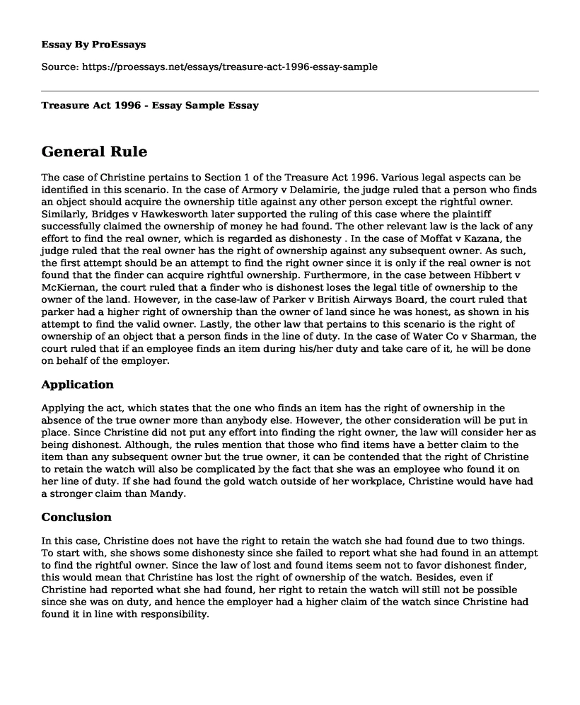 Treasure Act 1996 - Essay Sample