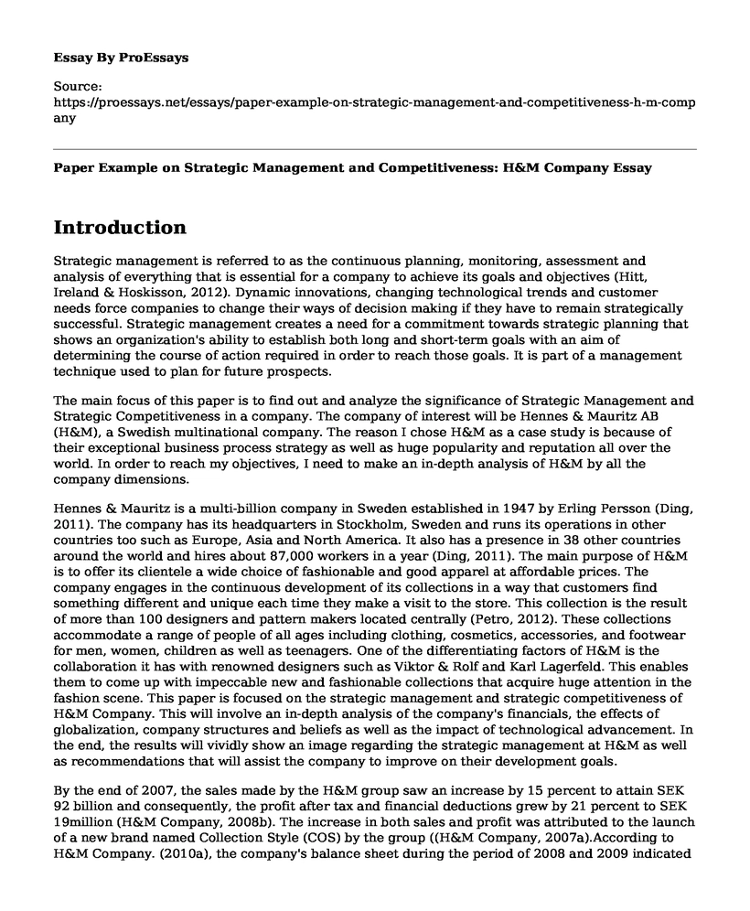 Paper Example on Strategic Management and Competitiveness: H&M Company