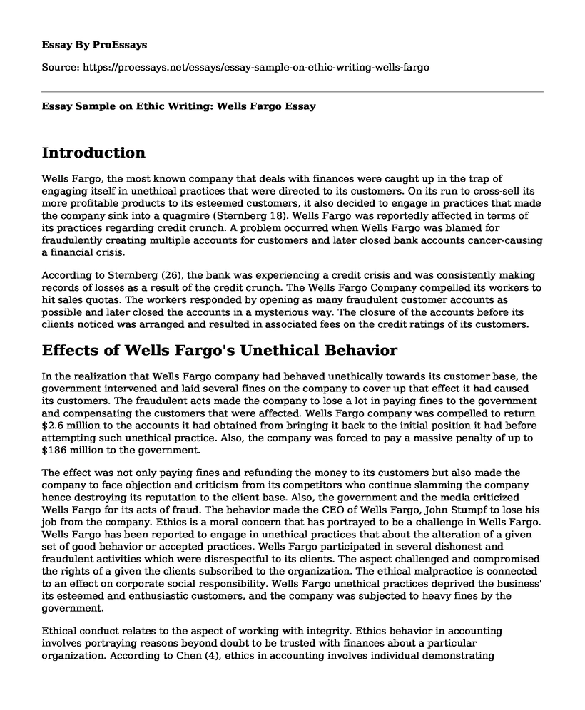 Essay Sample on Ethic Writing: Wells Fargo