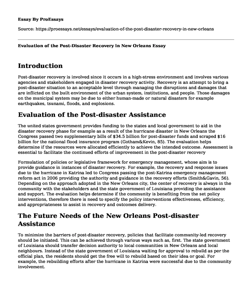 Evaluation of the Post-Disaster Recovery in New Orleans