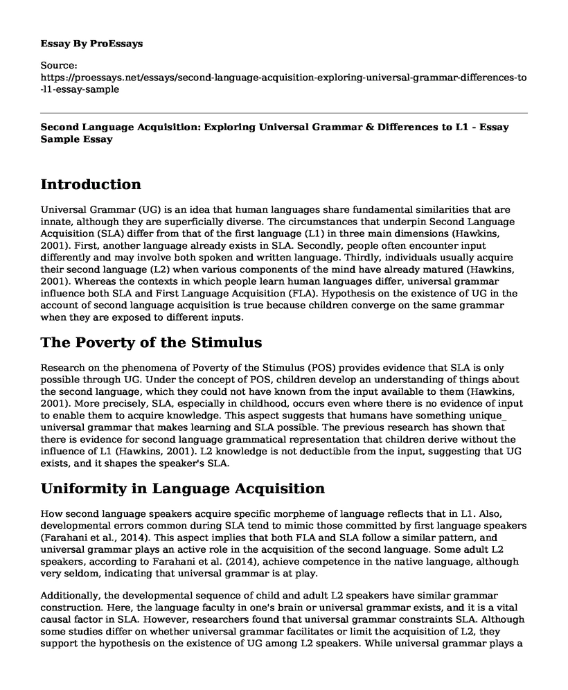 Second Language Acquisition: Exploring Universal Grammar & Differences to L1 - Essay Sample