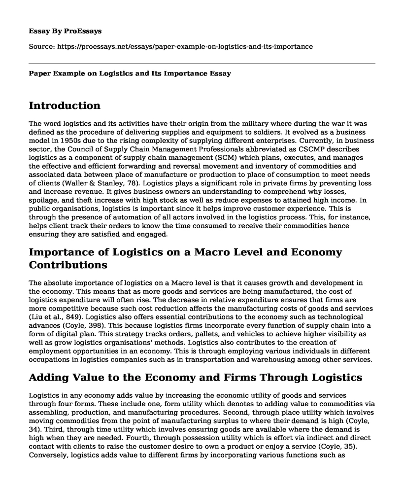 Paper Example on Logistics and Its Importance