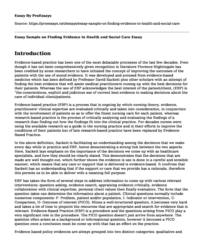 Essay Sample on Finding Evidence in Health and Social Care