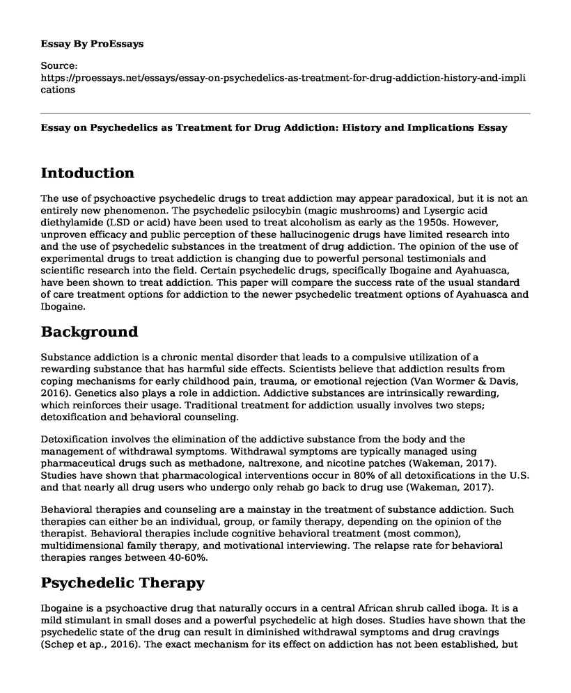 Essay on Psychedelics as Treatment for Drug Addiction: History and Implications
