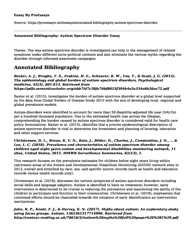 Annotated Bibliography: Autism Spectrum Disorder
