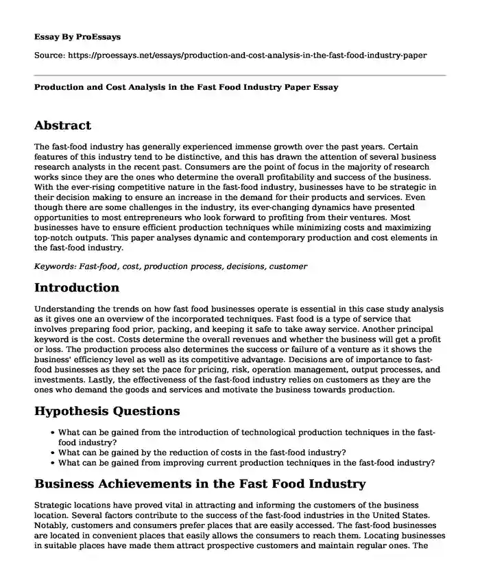 Production and Cost Analysis in the Fast Food Industry Paper