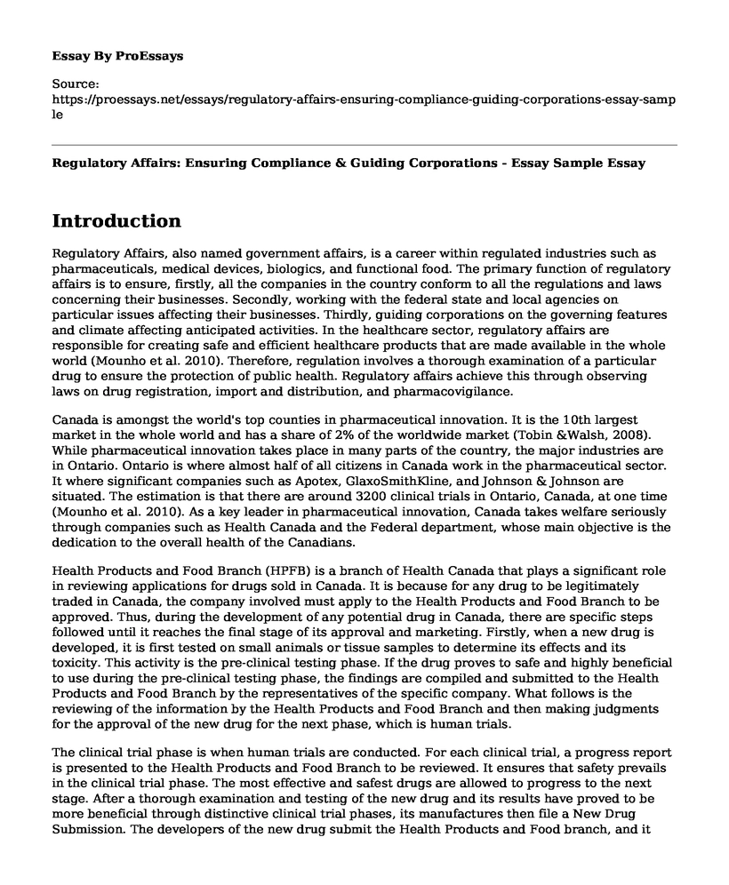 Regulatory Affairs: Ensuring Compliance & Guiding Corporations - Essay Sample