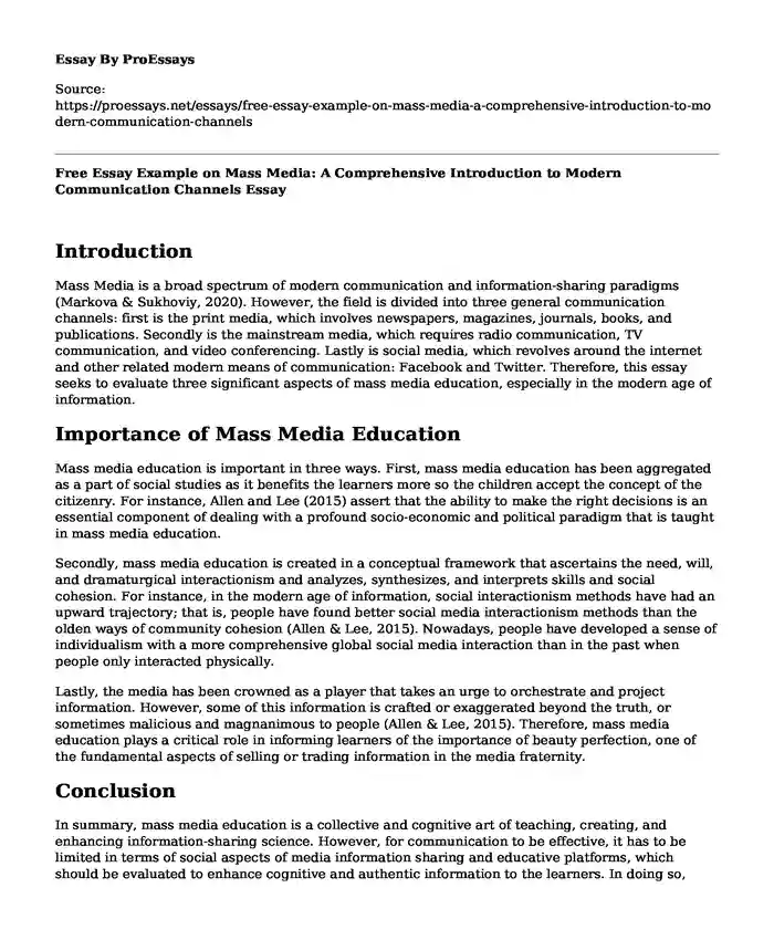 Free Essay Example on Mass Media: A Comprehensive Introduction to Modern Communication Channels