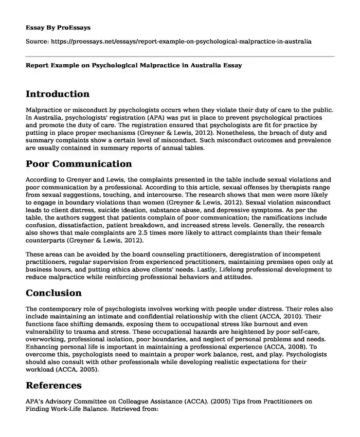 Report Example on Psychological Malpractice in Australia