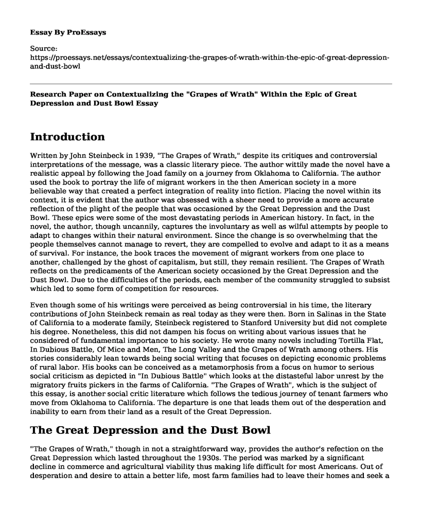 Research Paper on Contextualizing the "Grapes of Wrath" Within the Epic of Great Depression and Dust Bowl