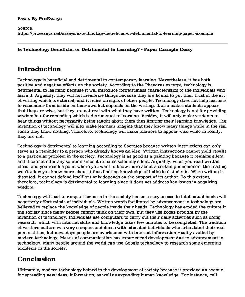 Is Technology Beneficial or Detrimental to Learning? - Paper Example