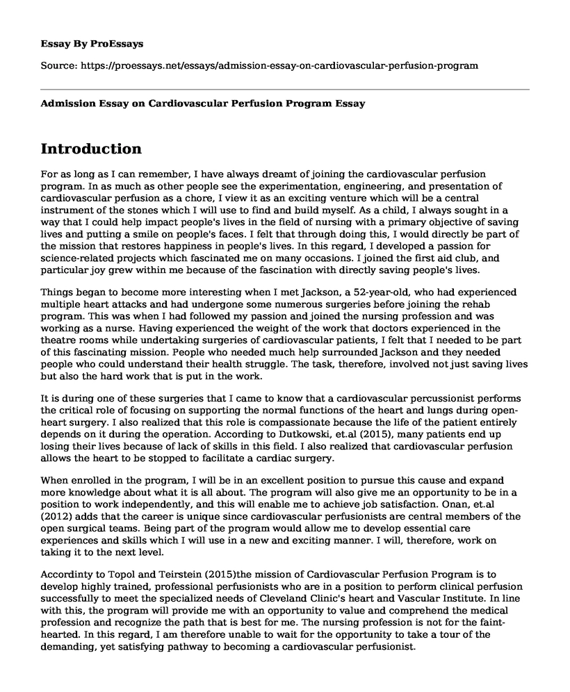 Admission Essay on Cardiovascular Perfusion Program