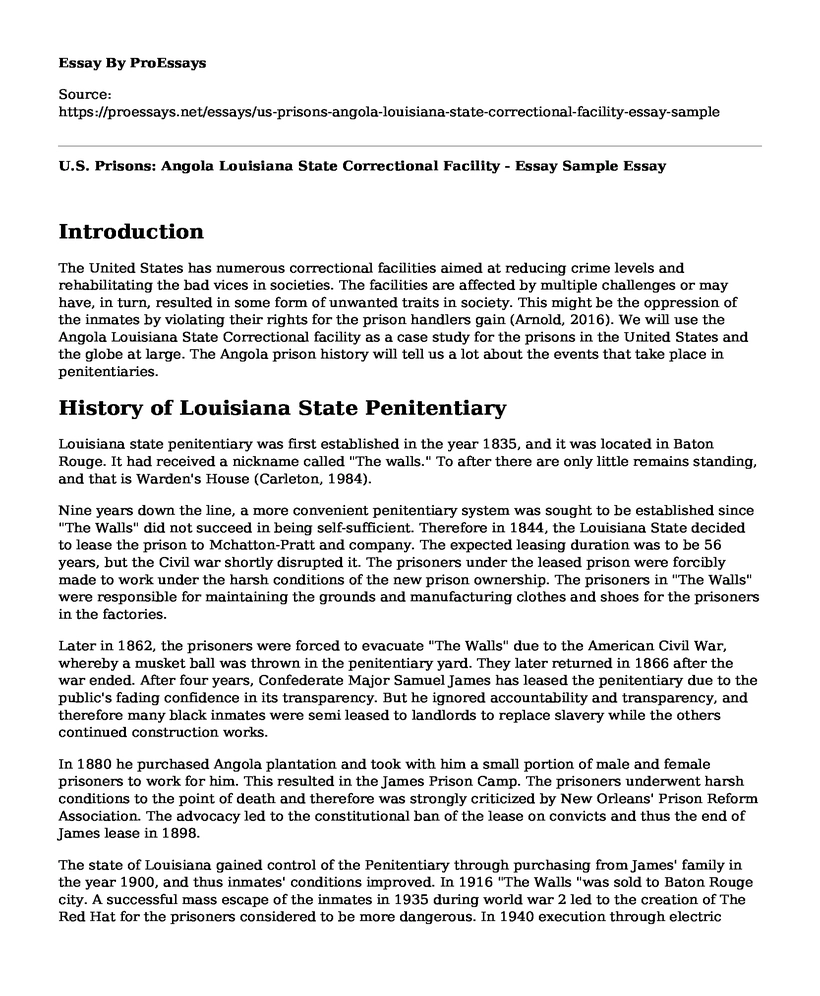 U.S. Prisons: Angola Louisiana State Correctional Facility - Essay Sample