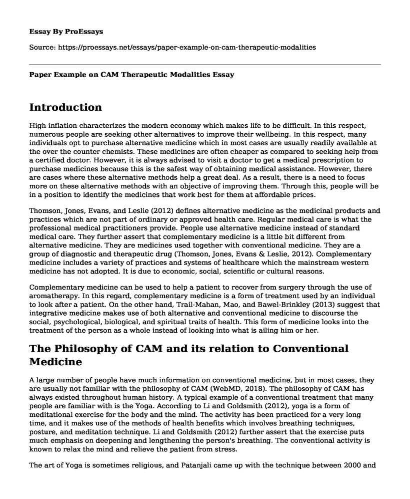 Paper Example on CAM Therapeutic Modalities