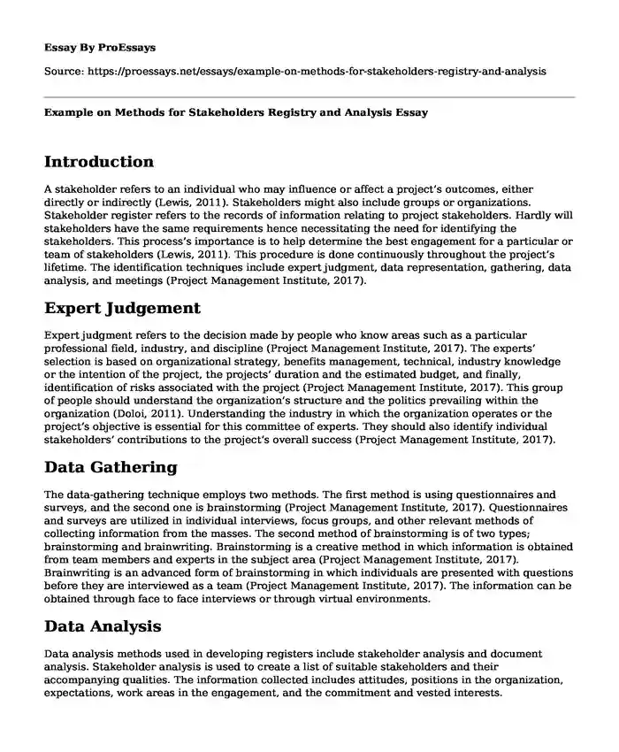 Example on Methods for Stakeholders Registry and Analysis