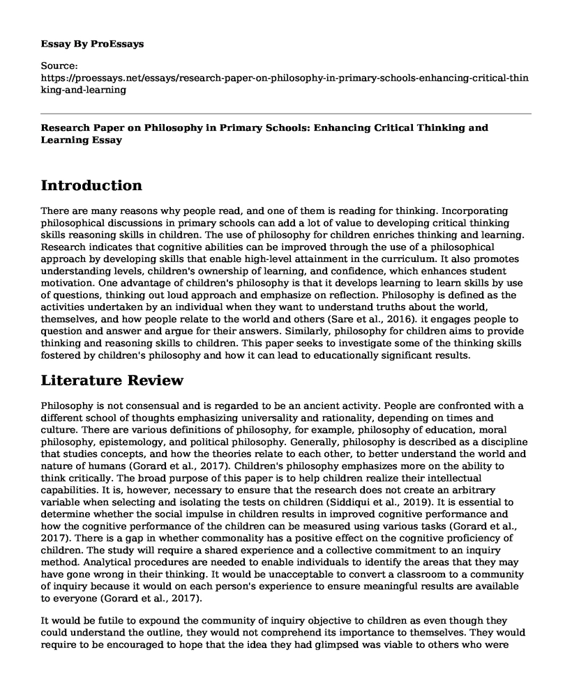 Research Paper on Philosophy in Primary Schools: Enhancing Critical Thinking and Learning