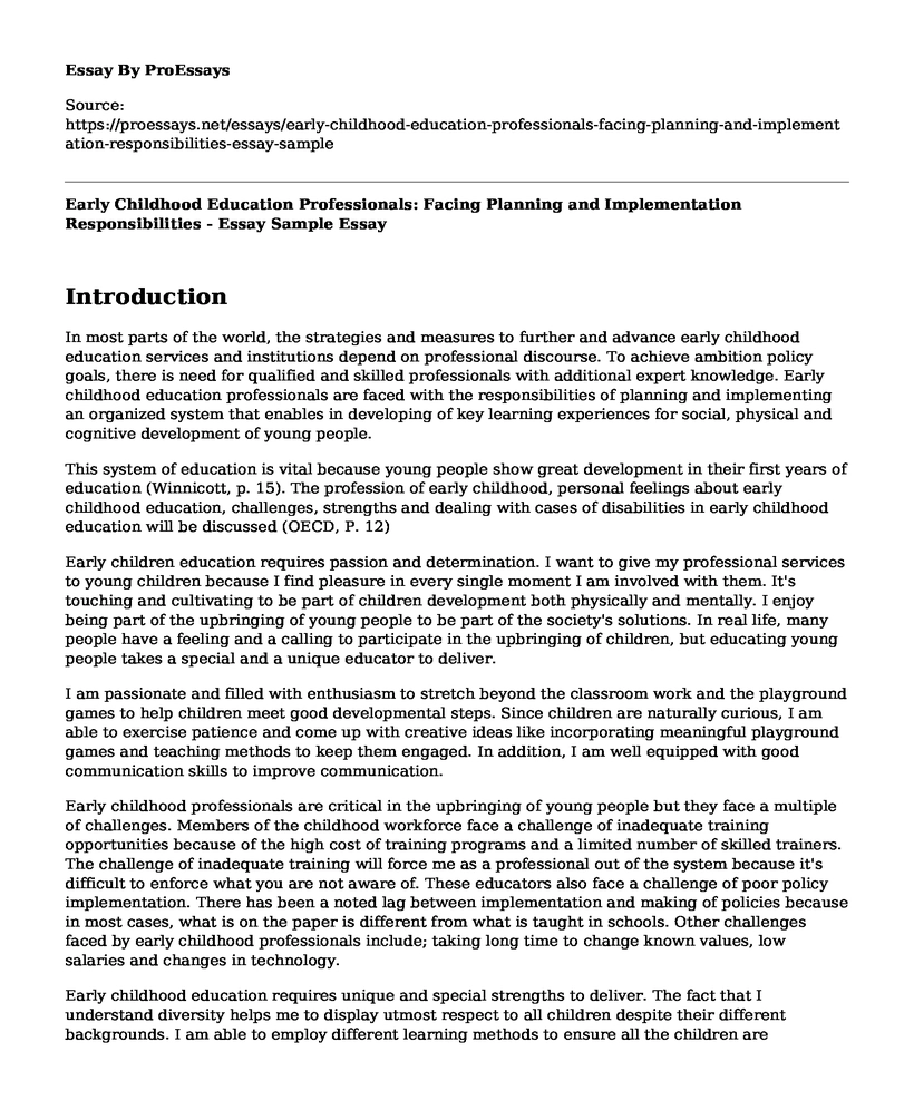 Early Childhood Education Professionals: Facing Planning and Implementation Responsibilities - Essay Sample