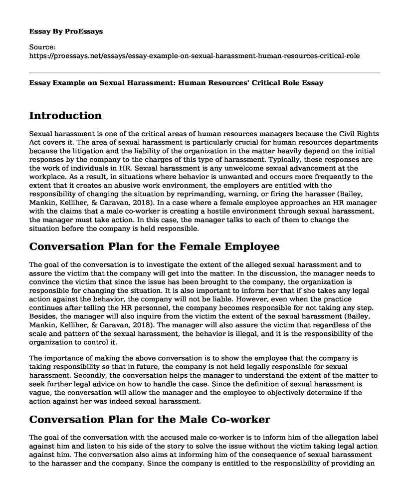 Essay Example on Sexual Harassment: Human Resources' Critical Role