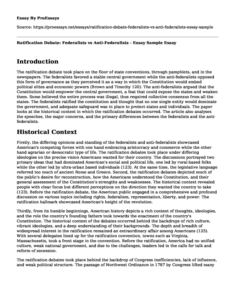 Ratification Debate: Federalists vs Anti-Federalists - Essay Sample