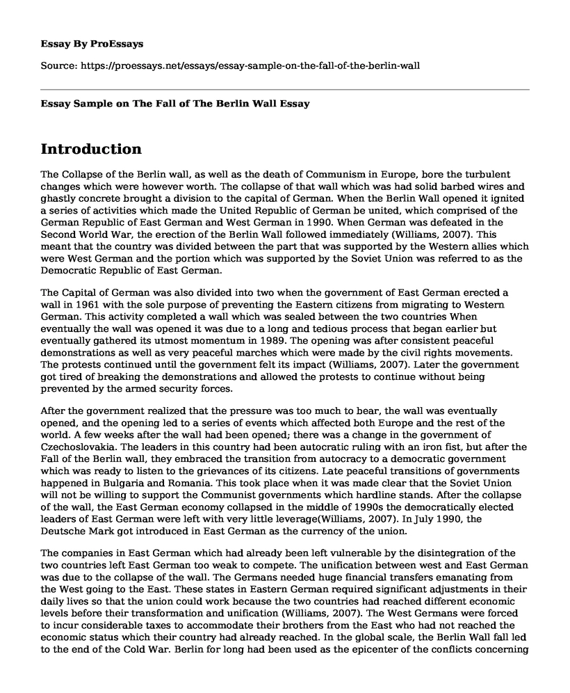 Essay Sample on The Fall of The Berlin Wall