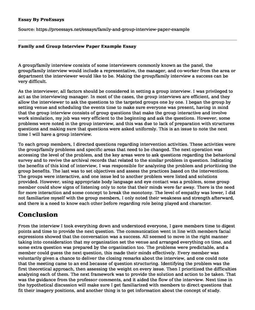 Family and Group Interview Paper Example