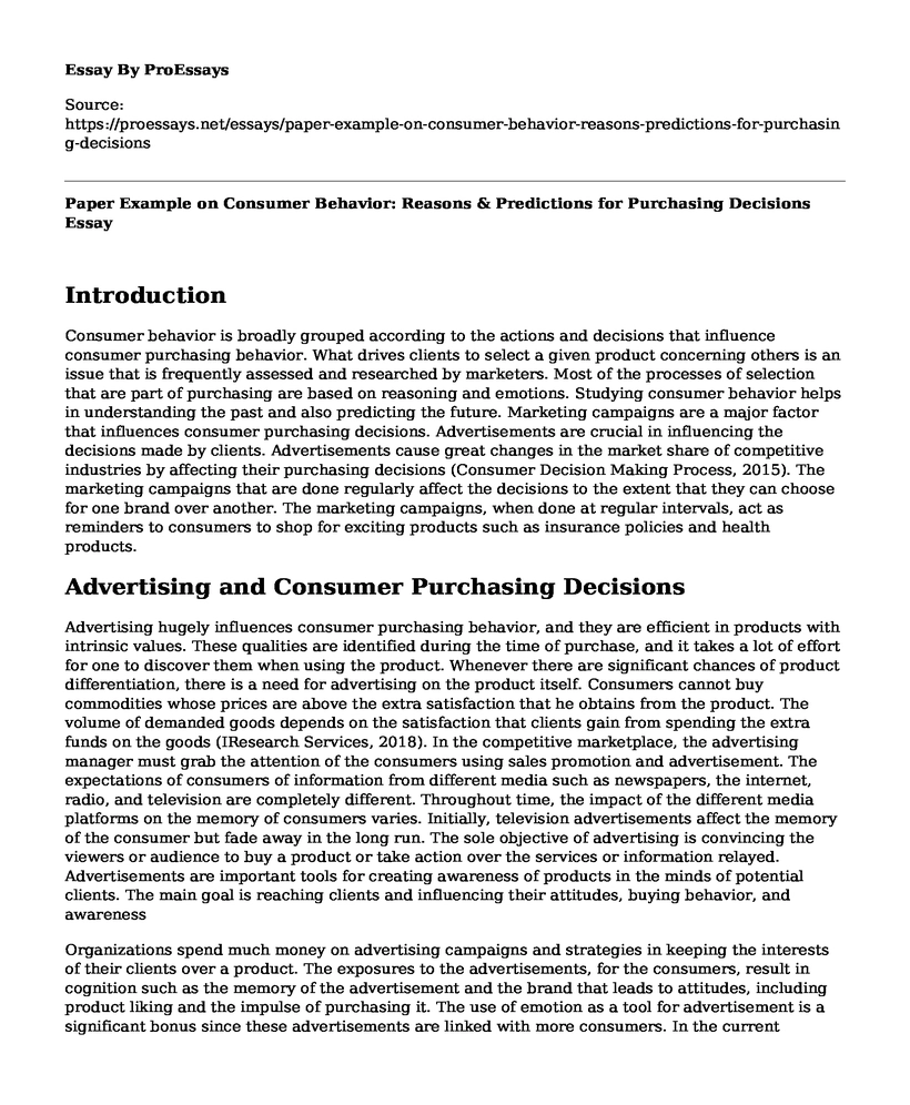 Paper Example on Consumer Behavior: Reasons & Predictions for Purchasing Decisions