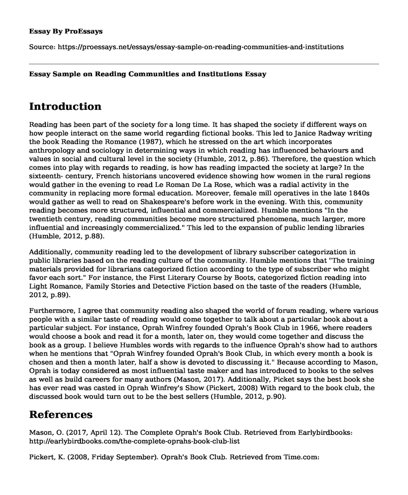 Essay Sample on Reading Communities and Institutions