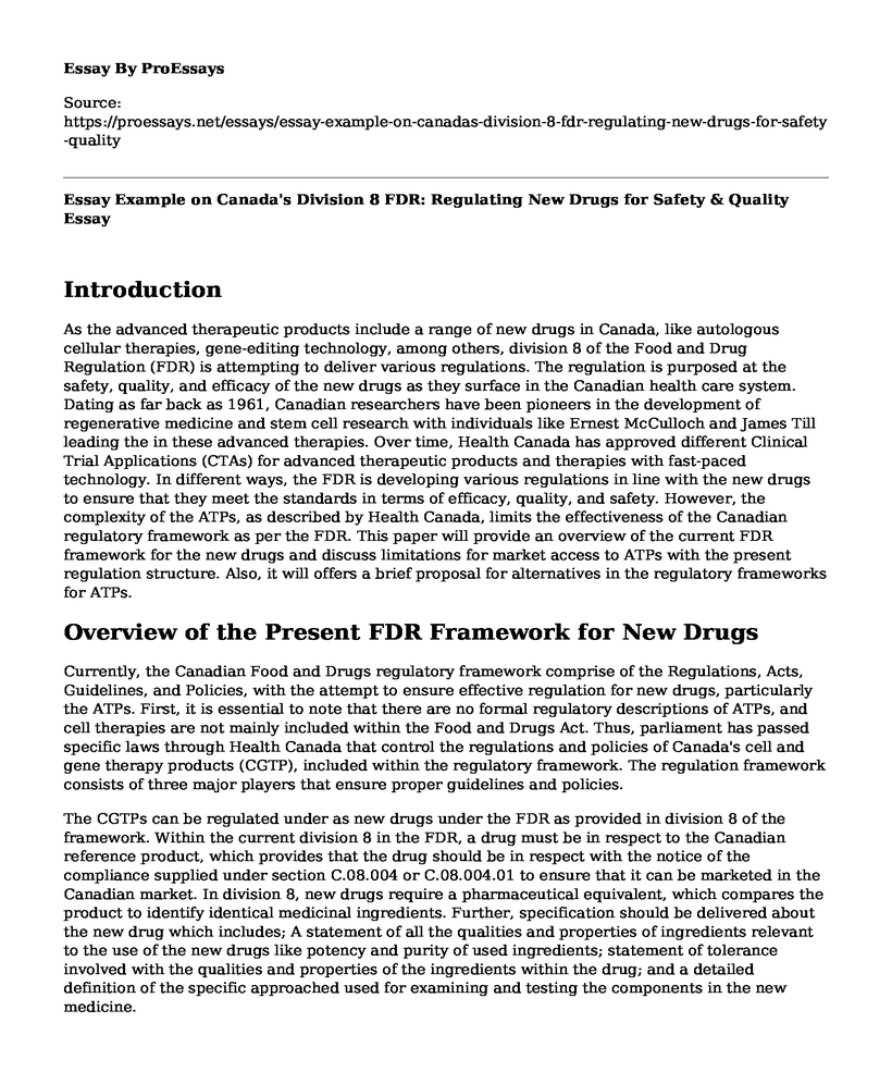 Essay Example on Canada's Division 8 FDR: Regulating New Drugs for Safety & Quality