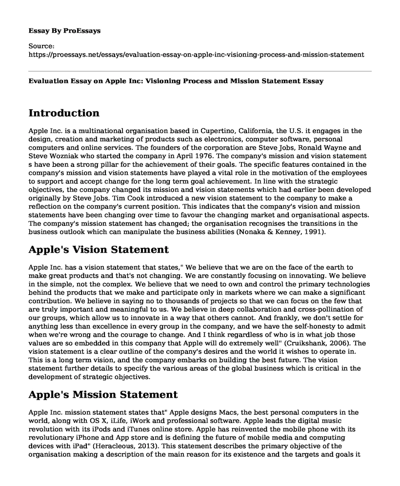 Evaluation Essay on Apple Inc: Visioning Process and Mission Statement