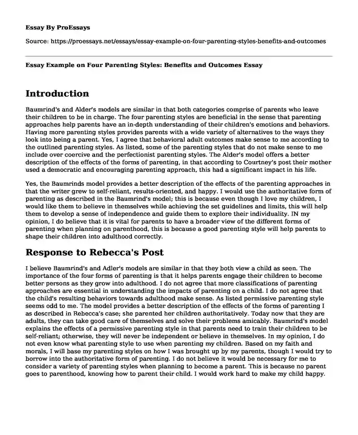 Essay Example on Four Parenting Styles: Benefits and Outcomes