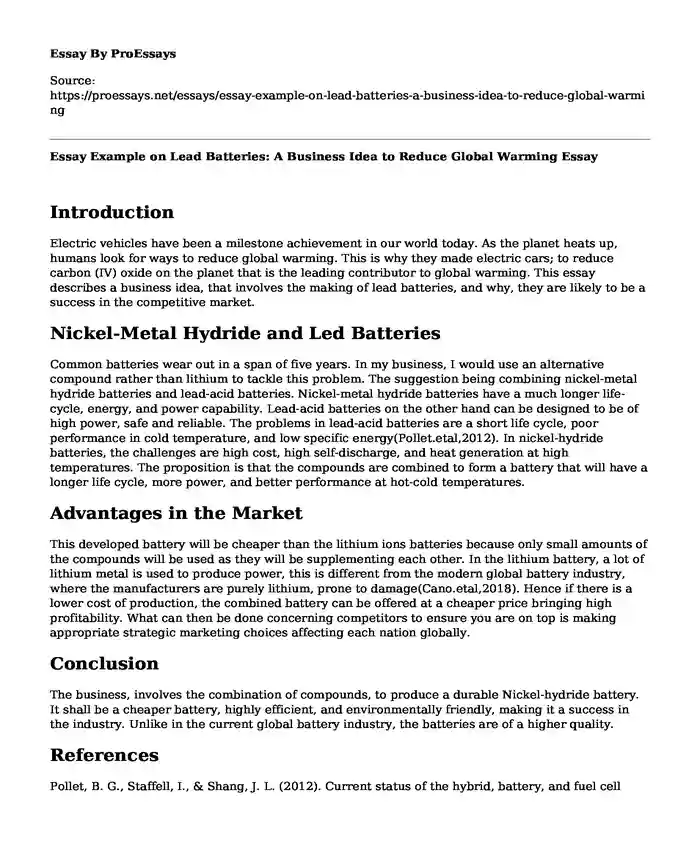 Essay Example on Lead Batteries: A Business Idea to Reduce Global Warming