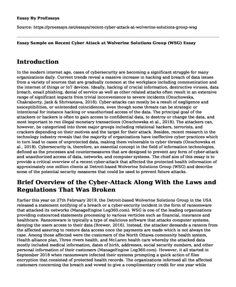Essay Sample on Recent Cyber Attack at Wolverine Solutions Group (WSG)