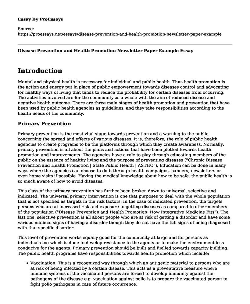 Disease Prevention and Health Promotion Newsletter Paper Example