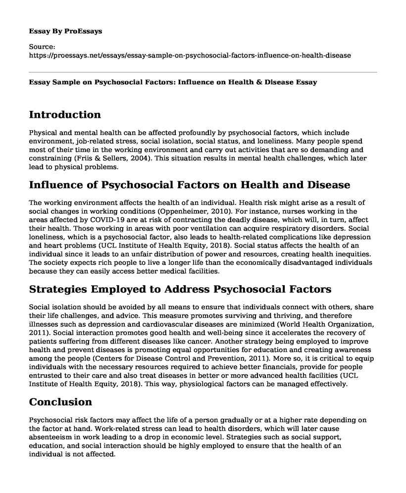 Essay Sample on Psychosocial Factors: Influence on Health & Disease