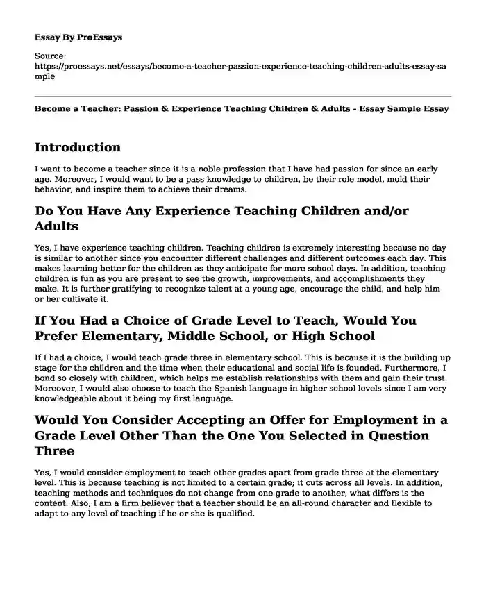Become a Teacher: Passion & Experience Teaching Children & Adults - Essay Sample