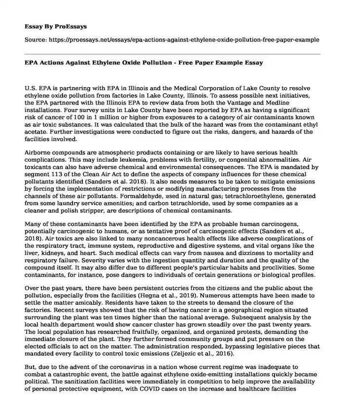EPA Actions Against Ethylene Oxide Pollution - Free Paper Example