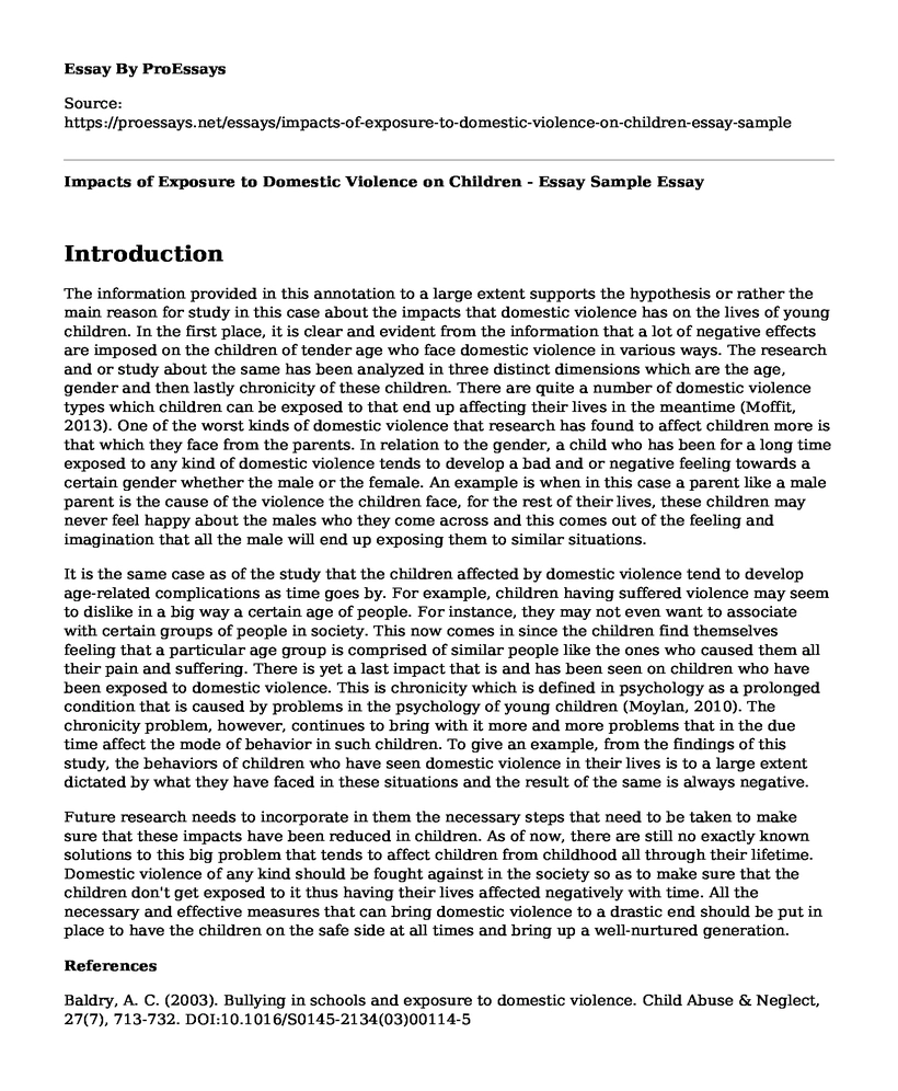 Impacts of Exposure to Domestic Violence on Children - Essay Sample