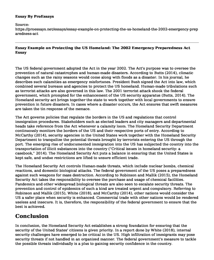 Essay Example on Protecting the US Homeland: The 2002 Emergency Preparedness Act