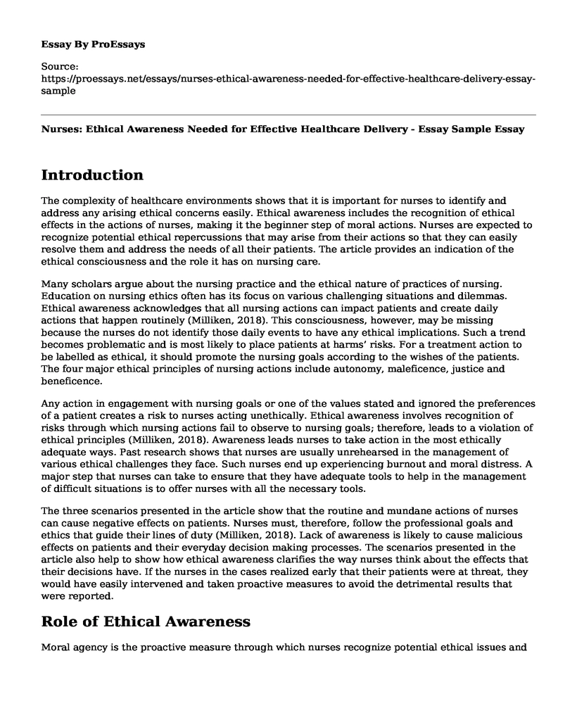 Nurses: Ethical Awareness Needed for Effective Healthcare Delivery - Essay Sample