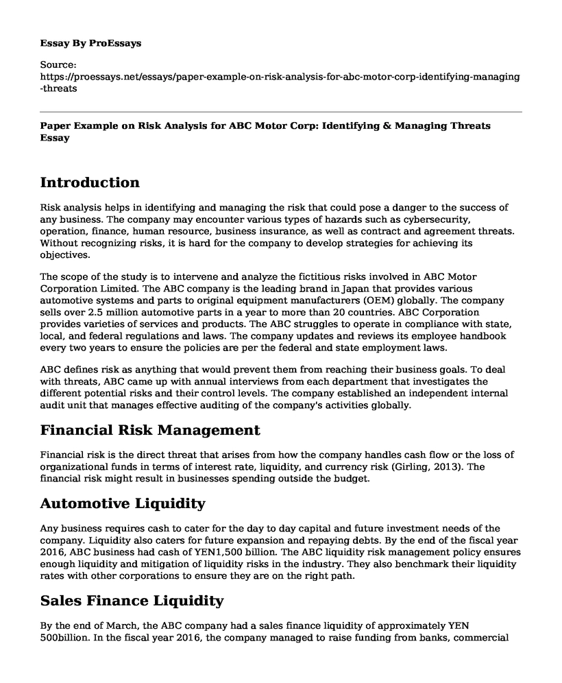 Paper Example on Risk Analysis for ABC Motor Corp: Identifying & Managing Threats