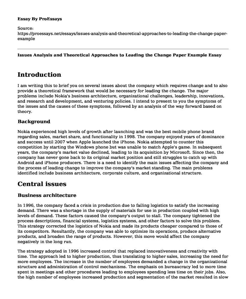Issues Analysis and Theoretical Approaches to Leading the Change Paper Example