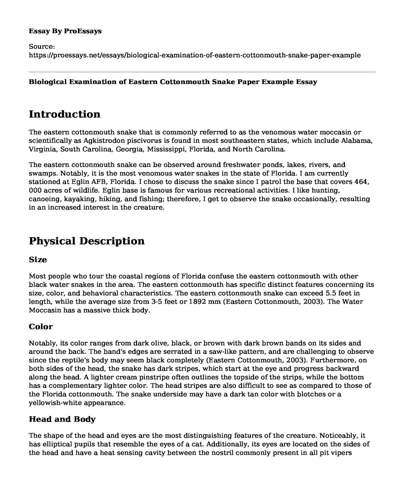 Biological Examination of Eastern Cottonmouth Snake Paper Example