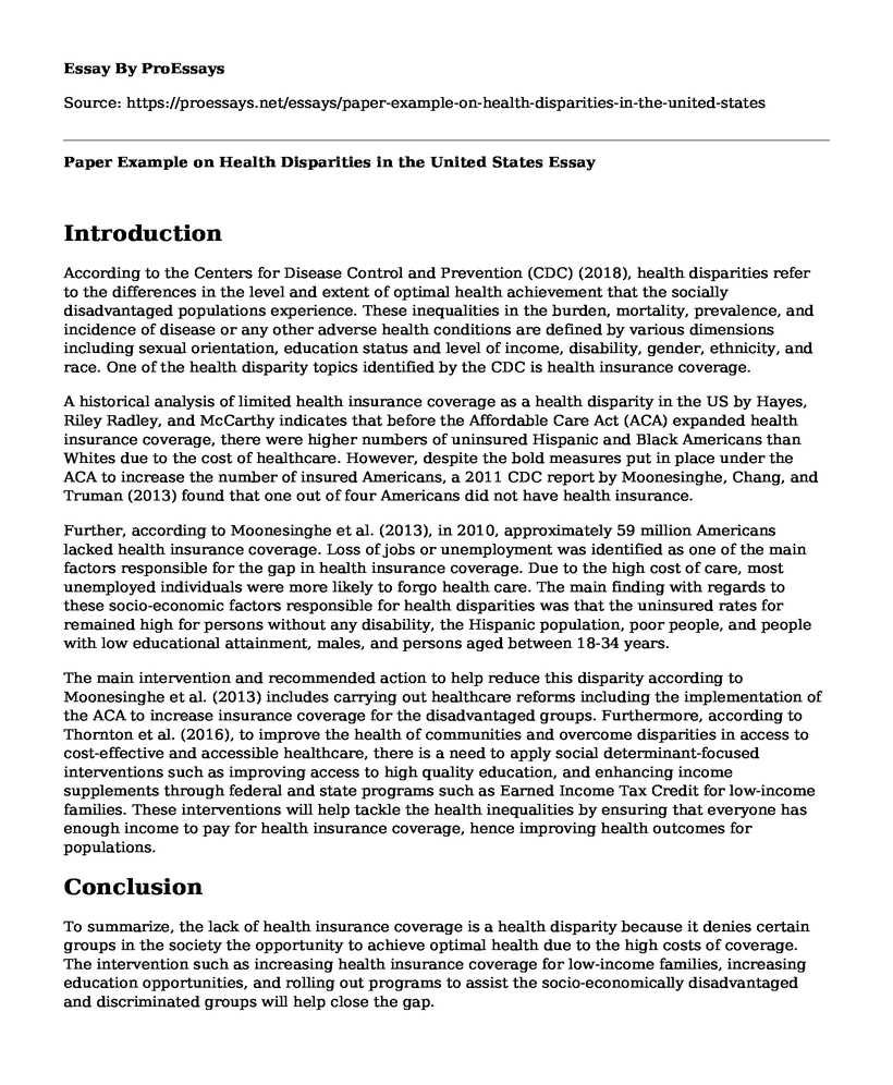 Paper Example on Health Disparities in the United States