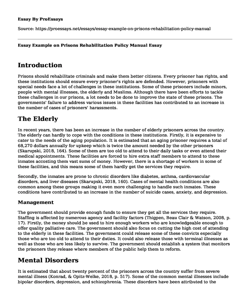 Essay Example on Prisons Rehabilitation Policy Manual