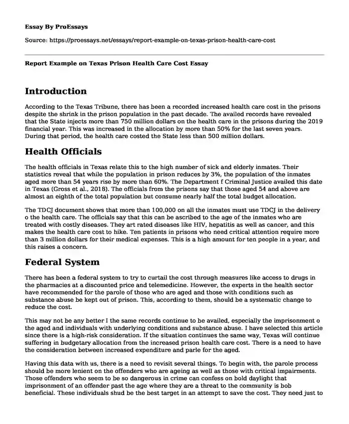 Report Example on Texas Prison Health Care Cost